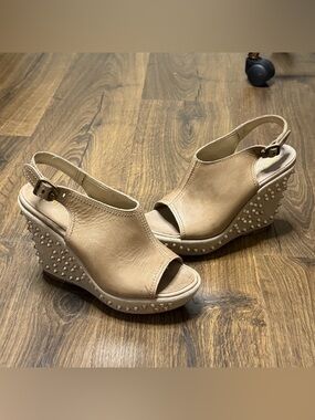 Paola Ferri Beige Studded Wedge Sandals - Women size 6